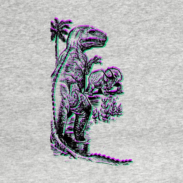 Vintage T-Rex Fighting Triceratops retro purple and green faux 3d by MacSquiddles